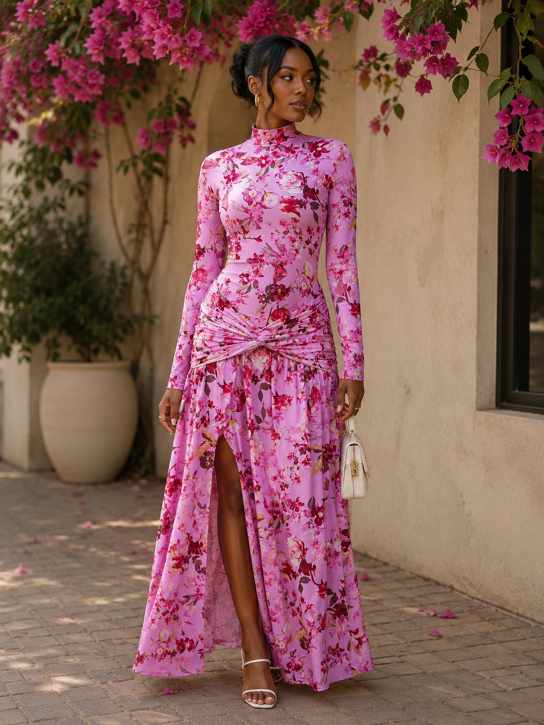PINK FLORAL FLORAL PRINT LONG SLEEVE MAXI DRESS
