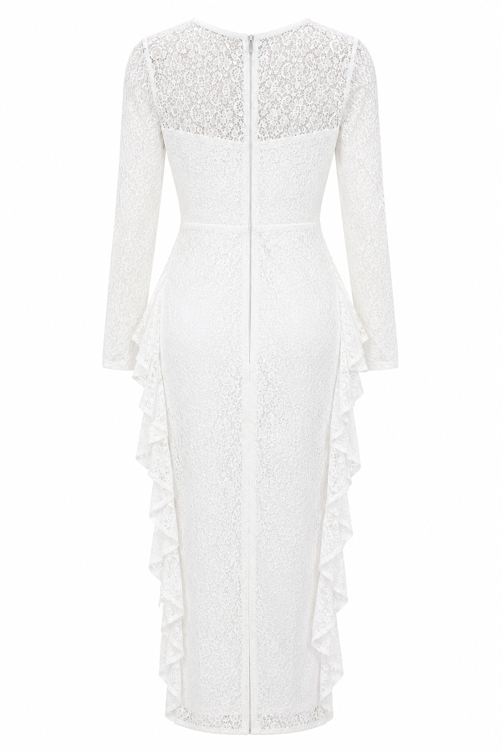 WHITE LACE LONG SLEEVE MAXI DRESS WITH RUFFLE SIDES