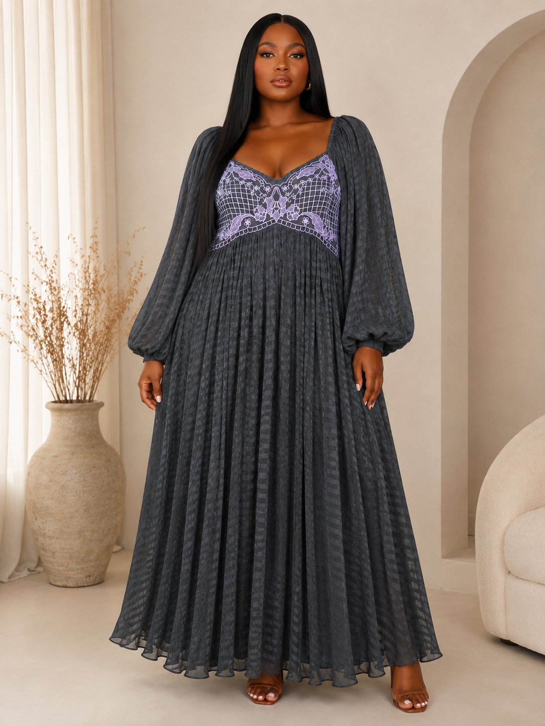 GREY ASOS PLEATED MAXI DRESS WITH EMBROIDERY