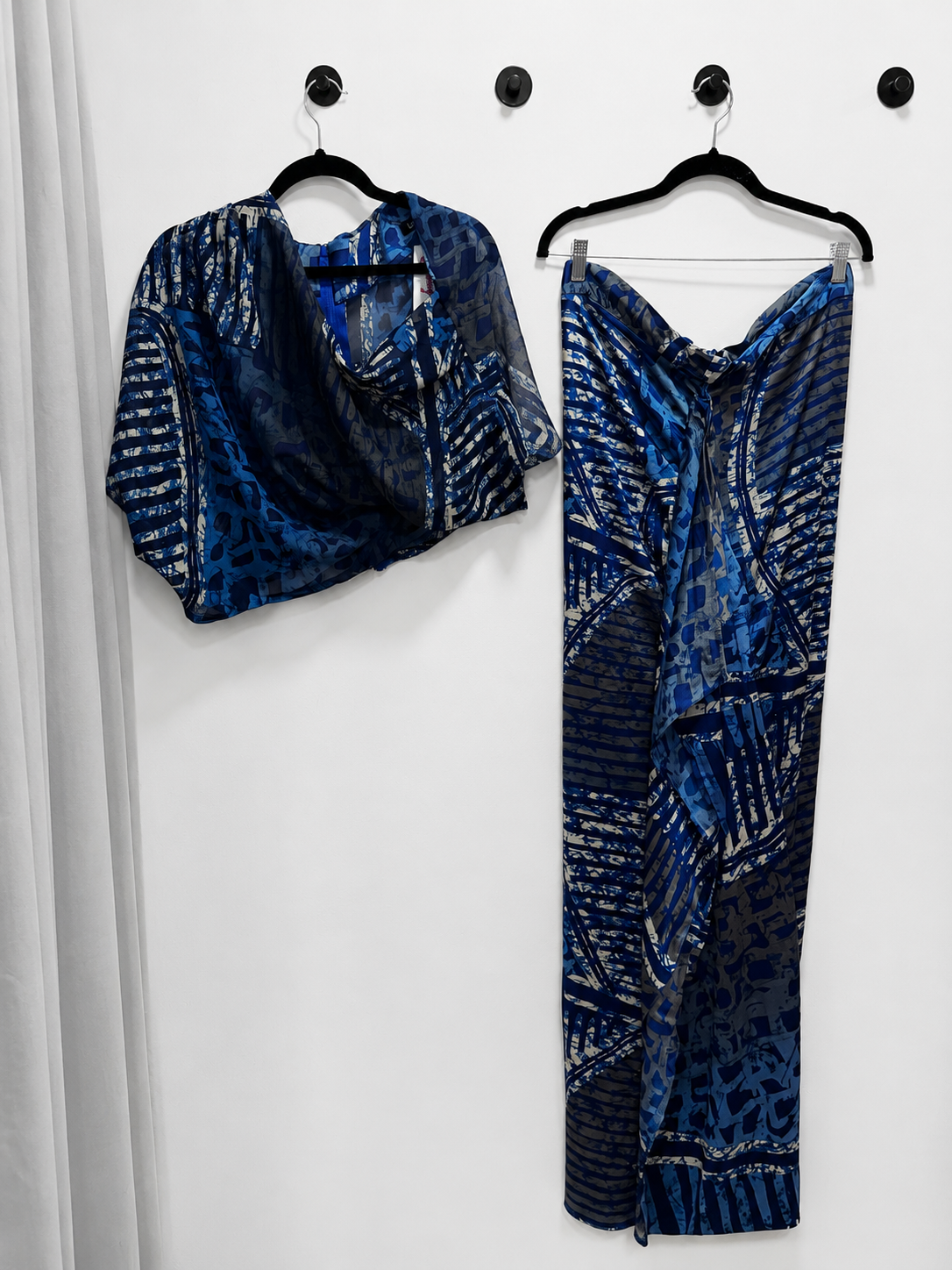 Asymmetric chiffon crop top and silk drape skirt co-ord