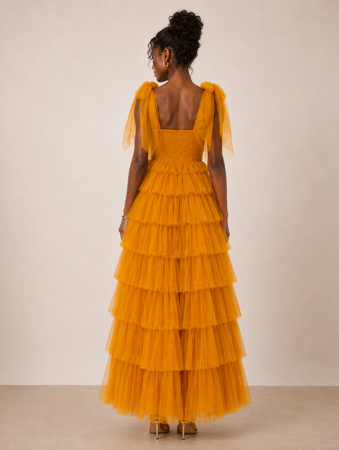 Lace & beads bow shoulder tulle maxi dress in butterscotch