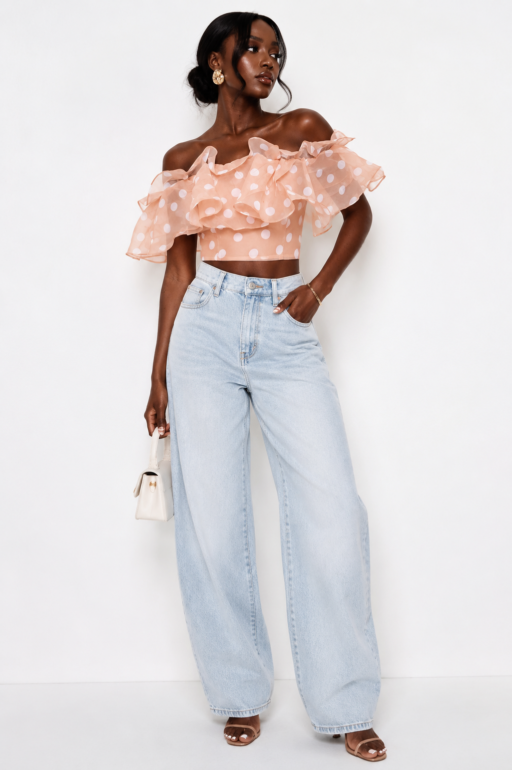 Organza Polka dot Ruffle Crop Top