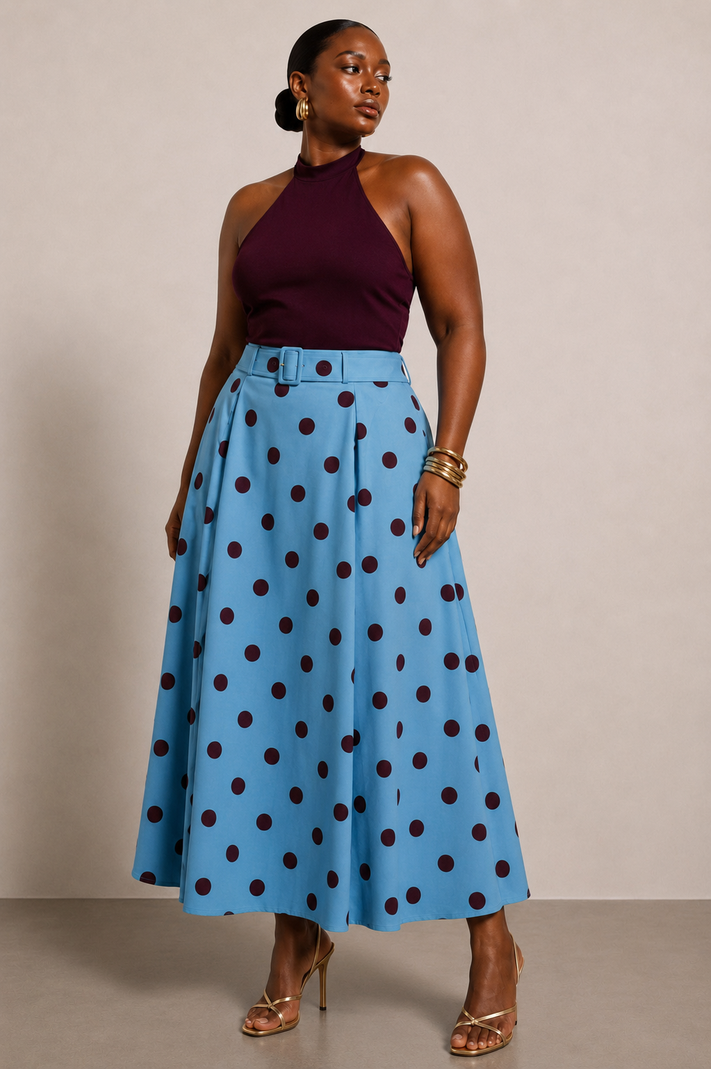 Jo Borkett Blue Polka Dot Belted Maxi Skirt