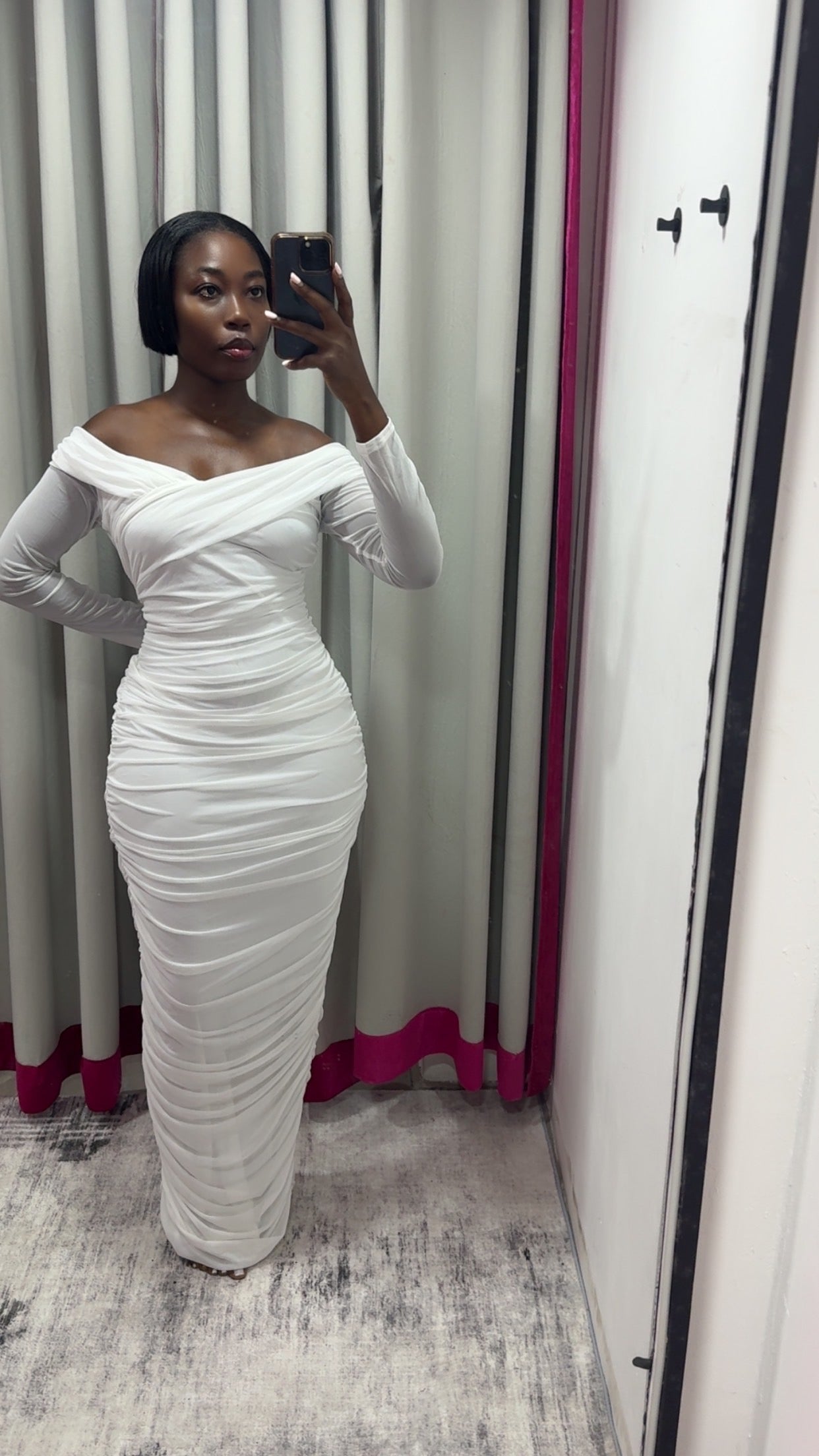 WHITE MESH RUCHED LONG SLEEVED OFF SHOULDER DRESS