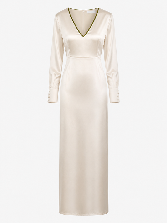 WHITE V-NECK LONGSLEEVE MAXI DRESS