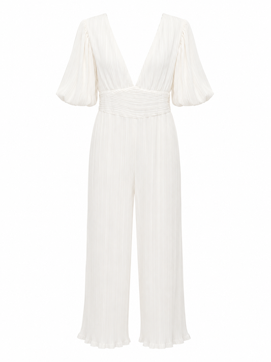 WHITE PLEATED JUMPSUIT