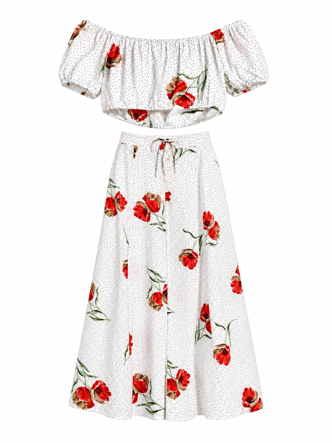White polkadot and floral print Love + Harmony maxi skirt and crop top coord