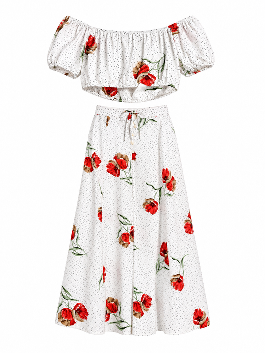 White polkadot and floral print Love + Harmony maxi skirt and crop top coord