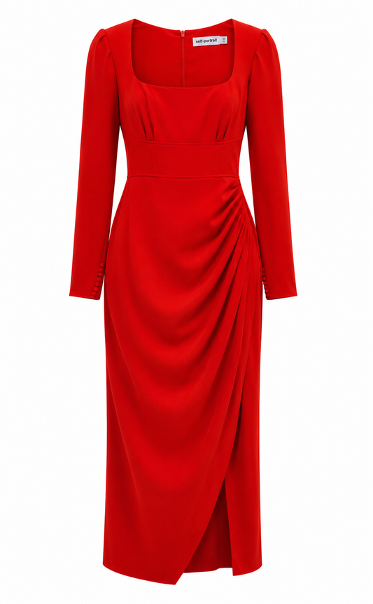 SELF-PORTRAIT red drape midi dress