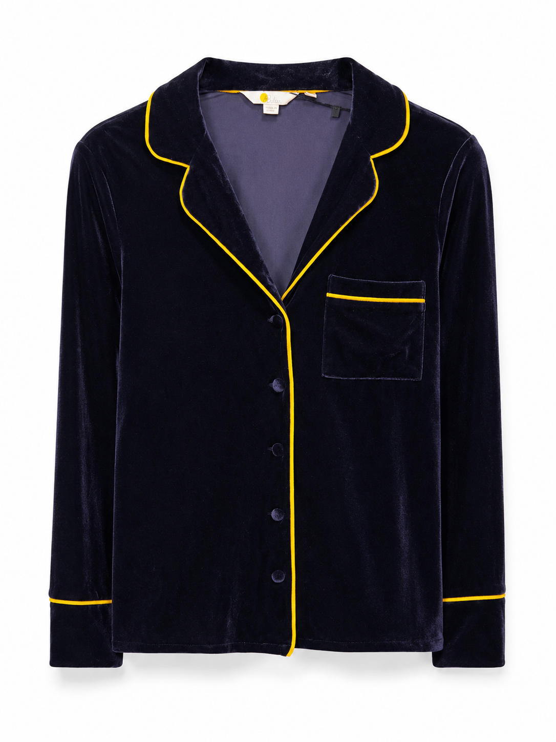NAVY BLUE VELVET PJ TOP WITH YELLOW PIPING
