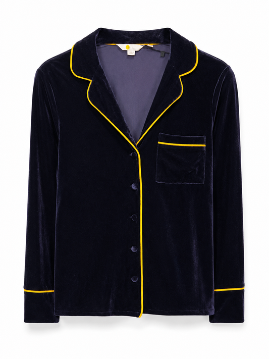 NAVY BLUE VELVET PJ TOP WITH YELLOW PIPING