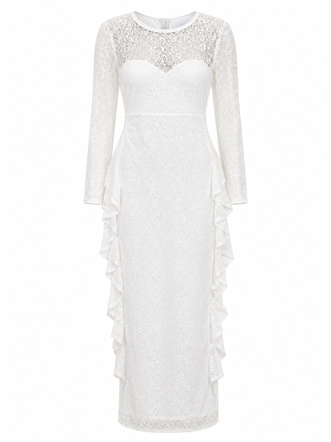 WHITE LACE LONG SLEEVE MAXI DRESS WITH RUFFLE SIDES