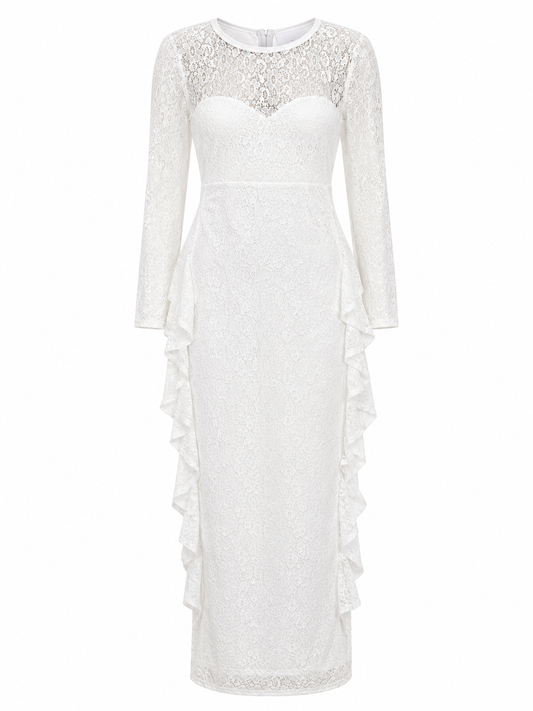 WHITE LACE LONG SLEEVE MAXI DRESS WITH RUFFLE SIDES