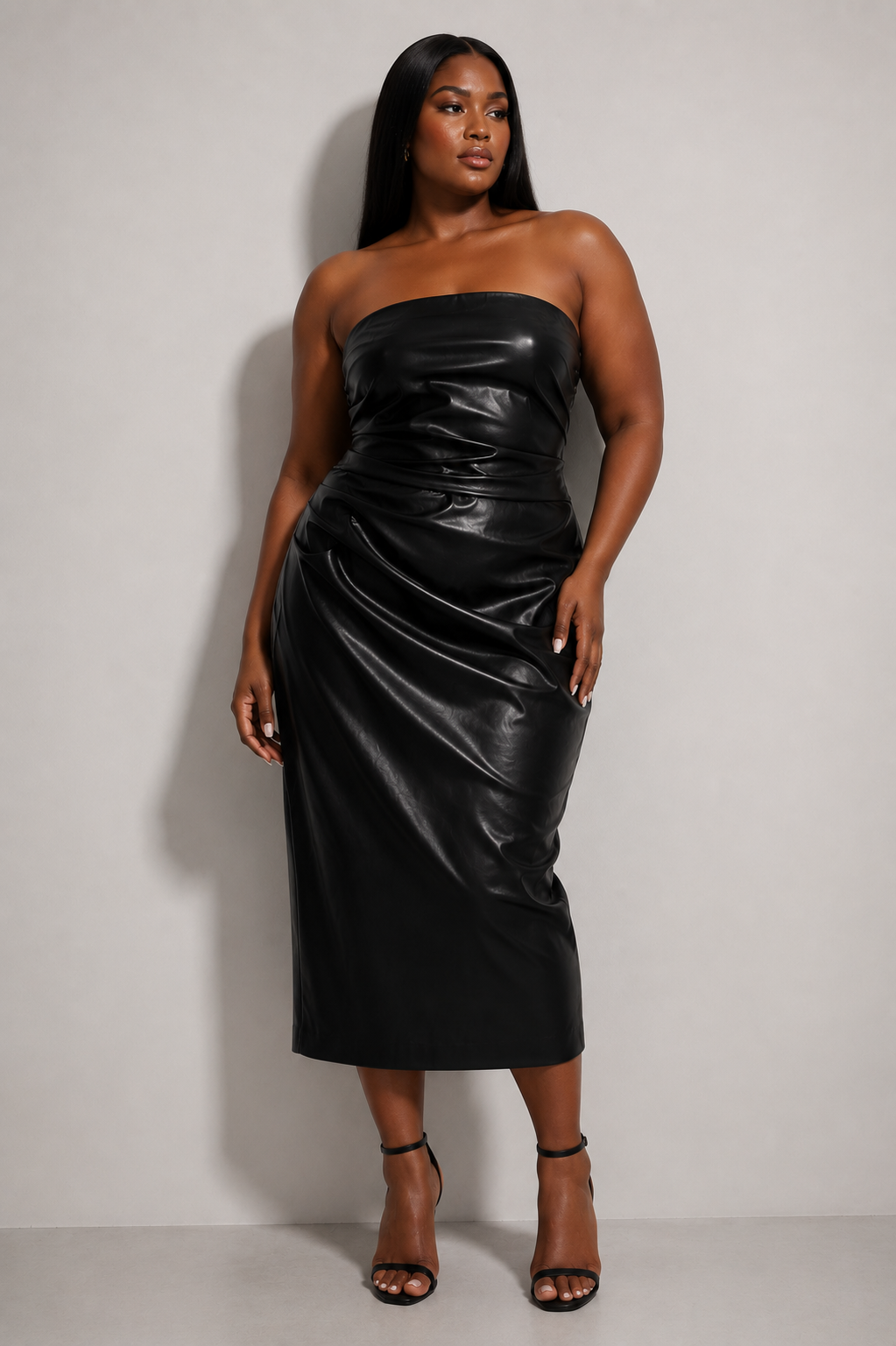BLACK ZARA FAUX LEATHER STRAPLESS MIDI DRESS WITH RUCHED DETAIL