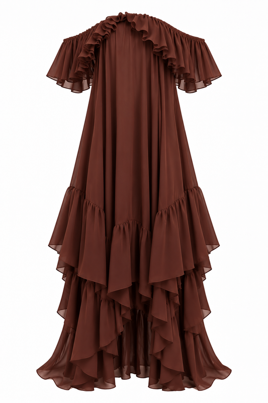 Brown off shoulder Seraban chiffon ruffled dress