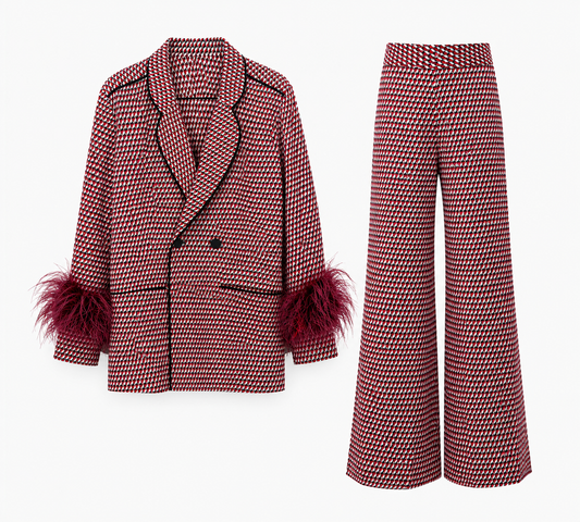 Burgundy Print Lokita silk suit set with feathers