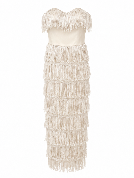 WHITE FRINGE DUABA SERWA STRAPLESS MAXI DRESS