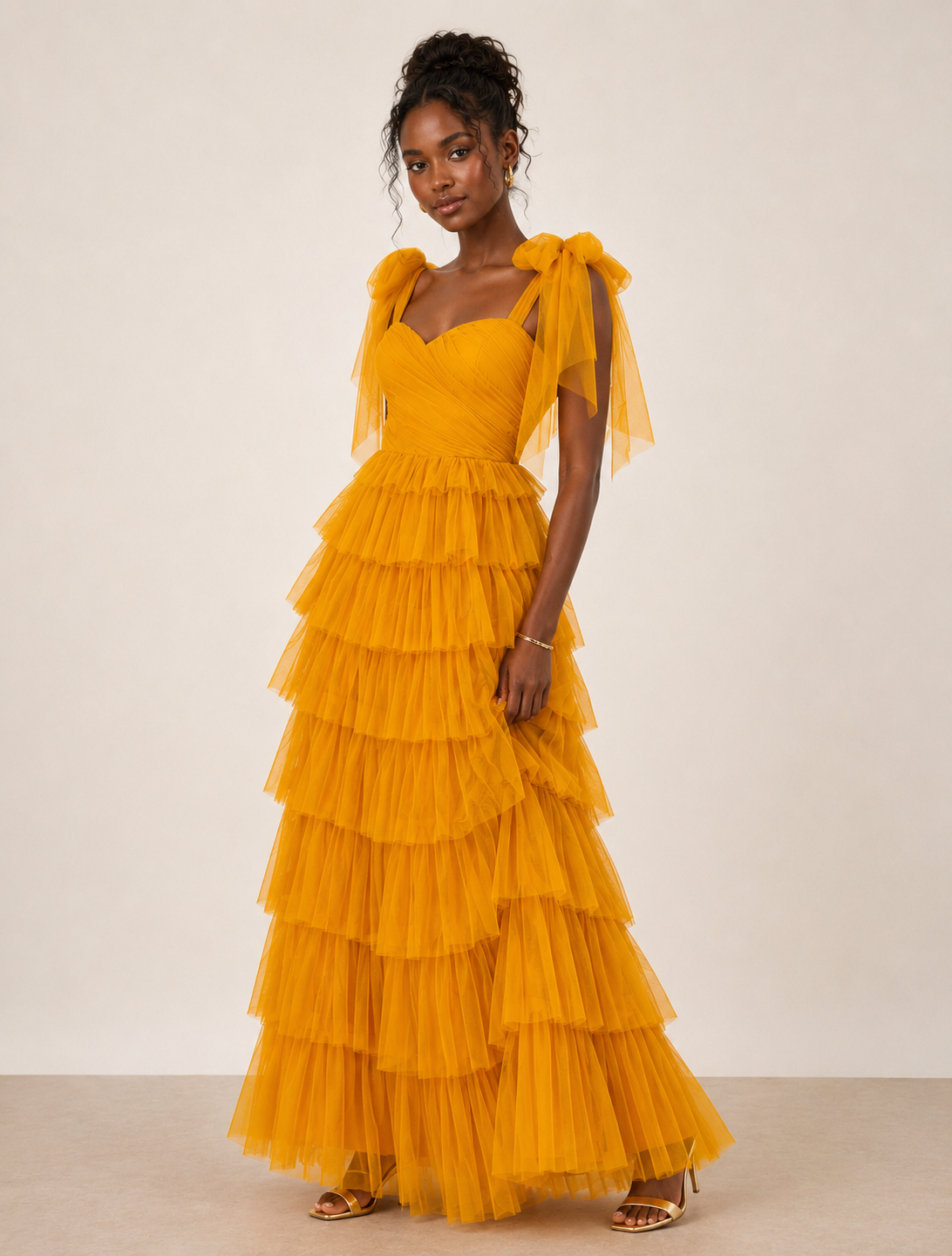 Lace & beads bow shoulder tulle maxi dress in butterscotch