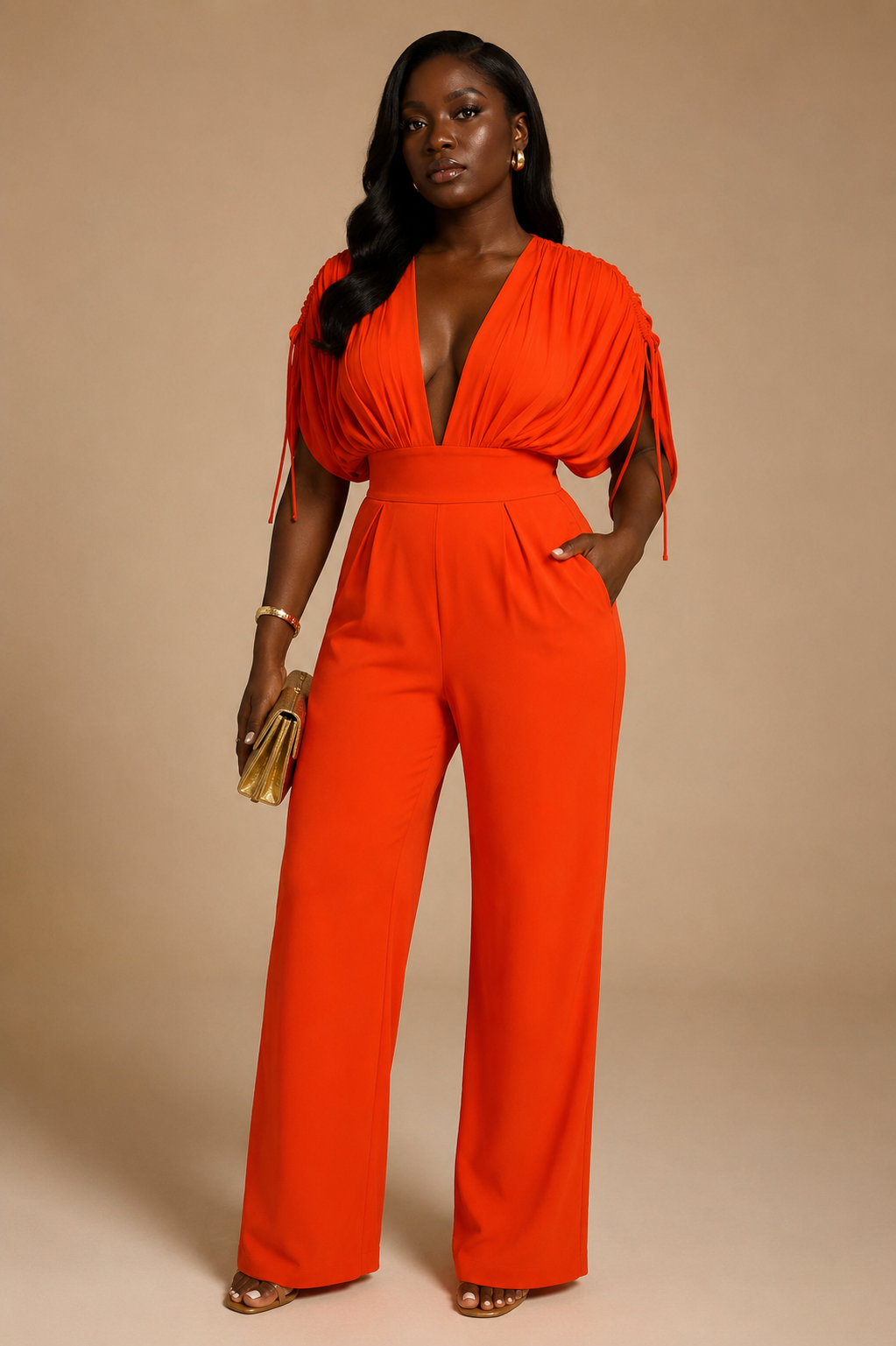 Red Missguided Ruched Sleeve Wide-Leg Jumpsuit