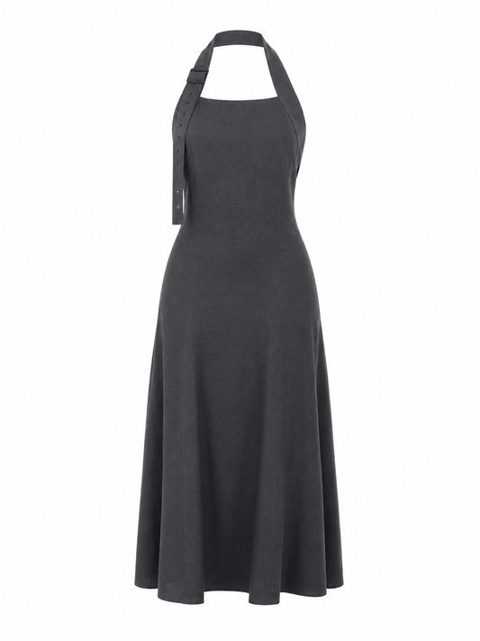 Dark Grey Zara Linen Halter bare back midi dress with buckle detail