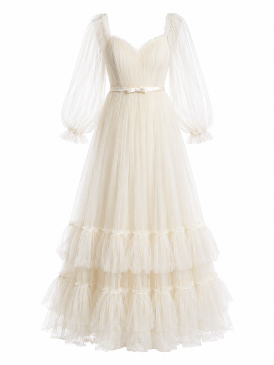 WHITE TULLE LONG SLEEVE GOWN WITH GATHERED HEM