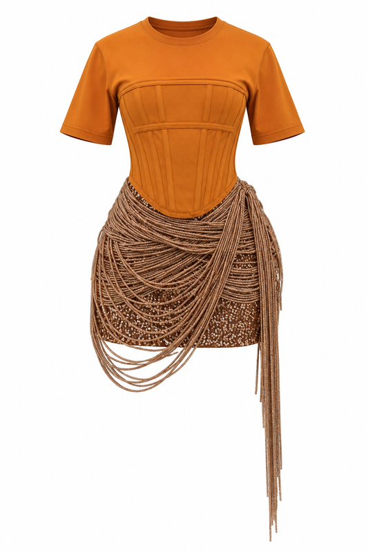 Mustard Matopeda corset T-Shirt and rope mini skirt