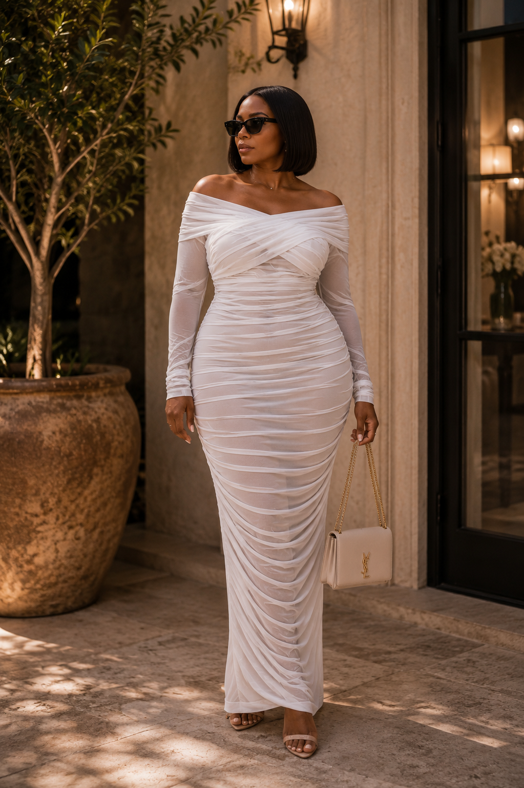 WHITE MESH RUCHED LONG SLEEVED OFF SHOULDER DRESS