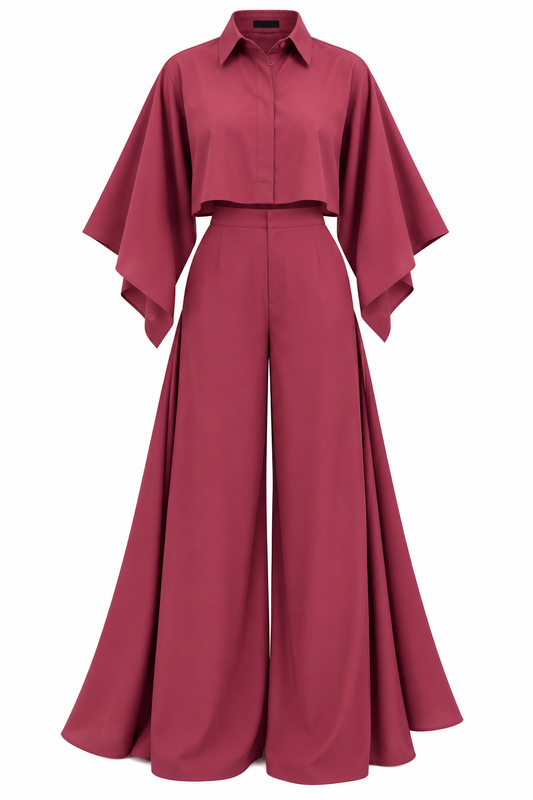 Burgundy linen high low crop shirt and trousers co-ord set