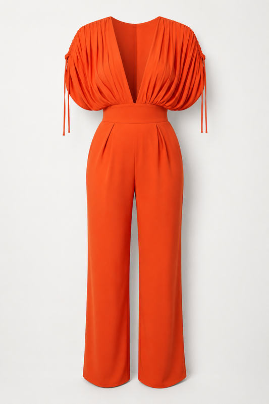 Red Missguided Ruched Sleeve Wide-Leg Jumpsuit