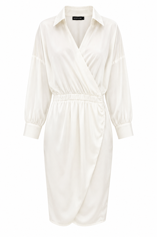 WHITE LONG SLEEVE WRAP SHIRT DRESS