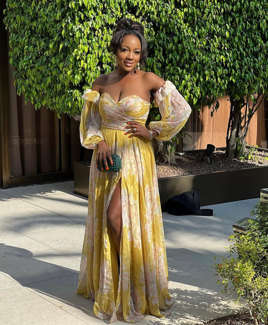 Floral print Carmen off shoulder maxi dress with slit