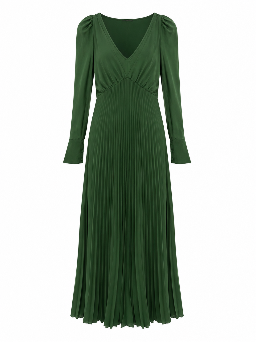 DARK GREEN PLEATED SELF PORTRAIT LONG SLEEVE MIDI DRESS