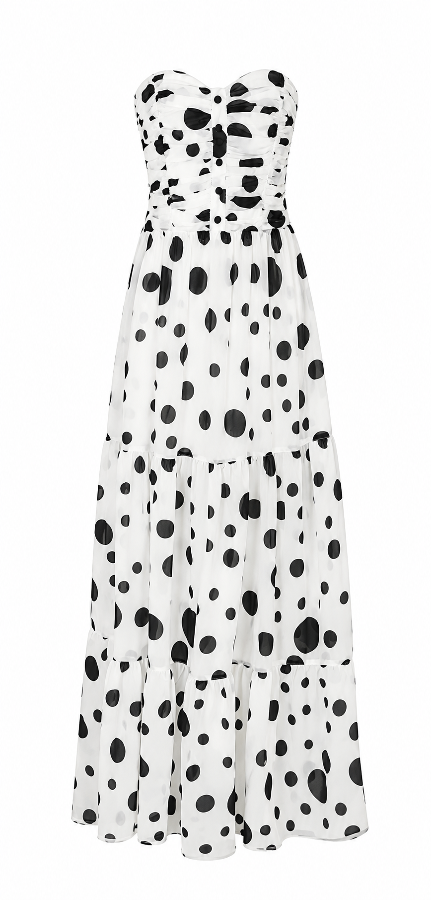 WHITE AND BLACK STRAPLESS POLKA DOT MAXI DRESS