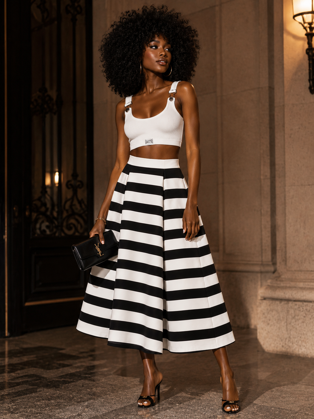 BLACK AND WHITE STRIPED MIDI SKIRT