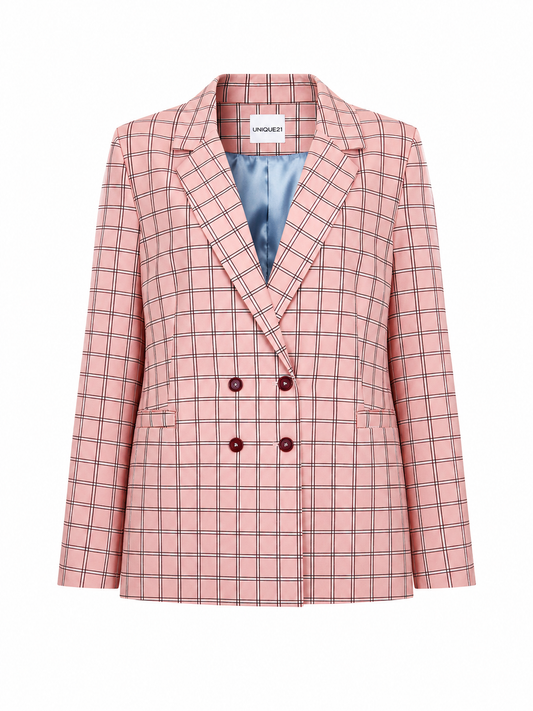 PINK CHECKED DOUBLE BREASTED BLAZER