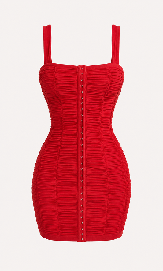 Red ruched tulle mini dress