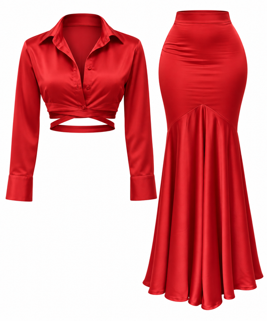 Red Ometsey silk long sleeves crop shirt and maxi skirt co-ord
