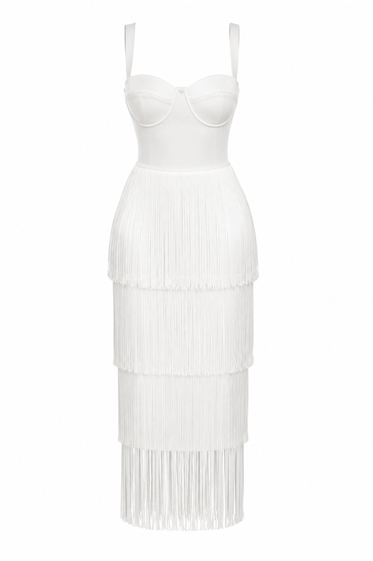 WHITE FRINGE MAXI DRESS