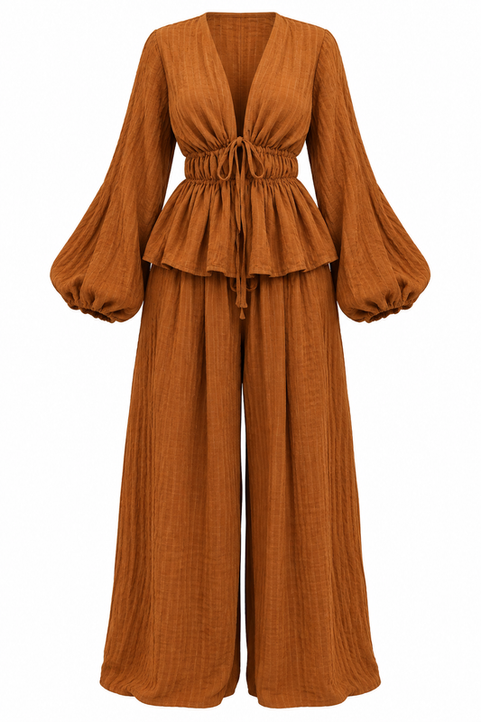 Mustard Ometsey draw string top and trousers co-ord