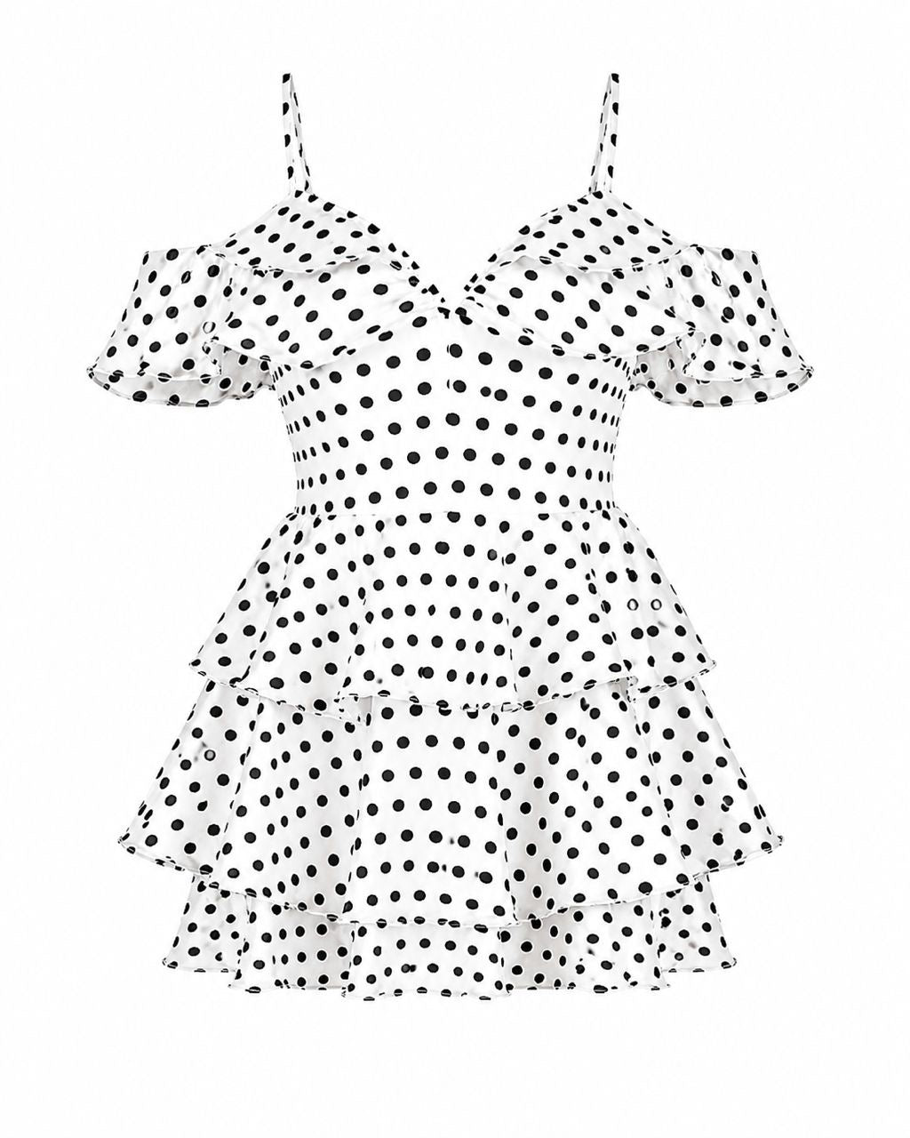 WHITE AND BLACK POLKADOT COLD SHOULDER MINI DRESS
