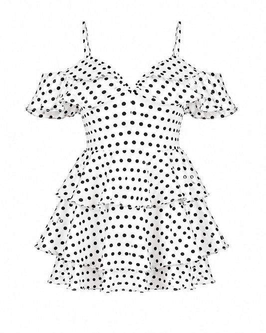 WHITE AND BLACK POLKADOT COLD SHOULDER MINI DRESS