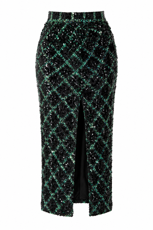 BLACK AND GREEN SEQUIN ZARA MIDI SKIRT