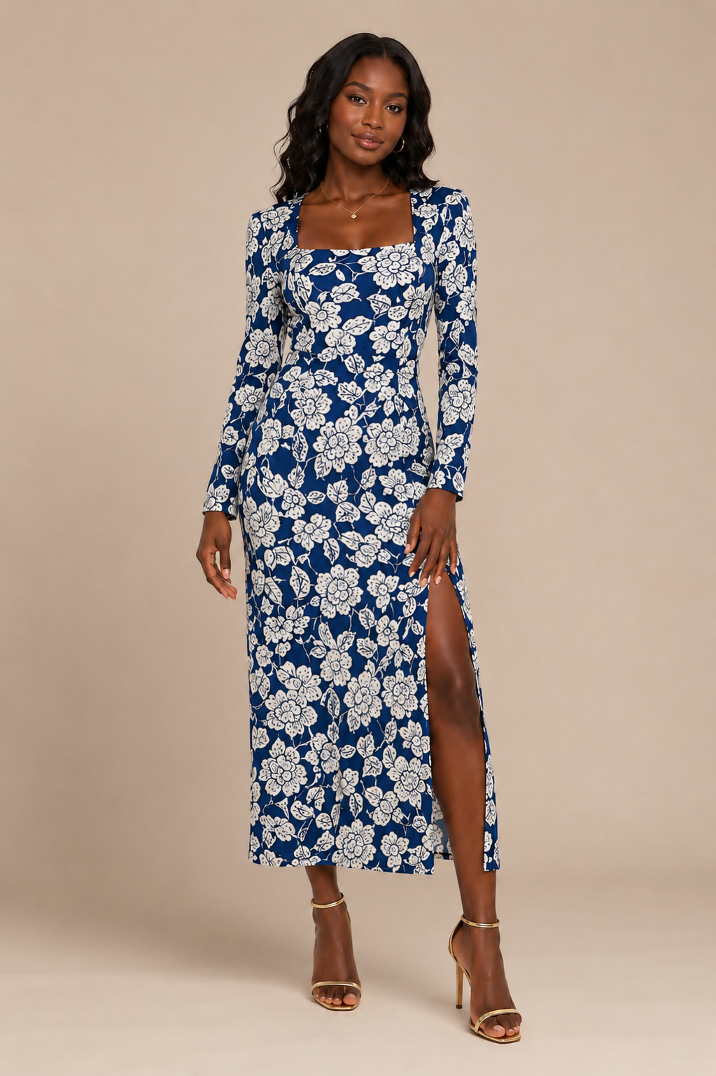 Blue and white floral Zara midi dress