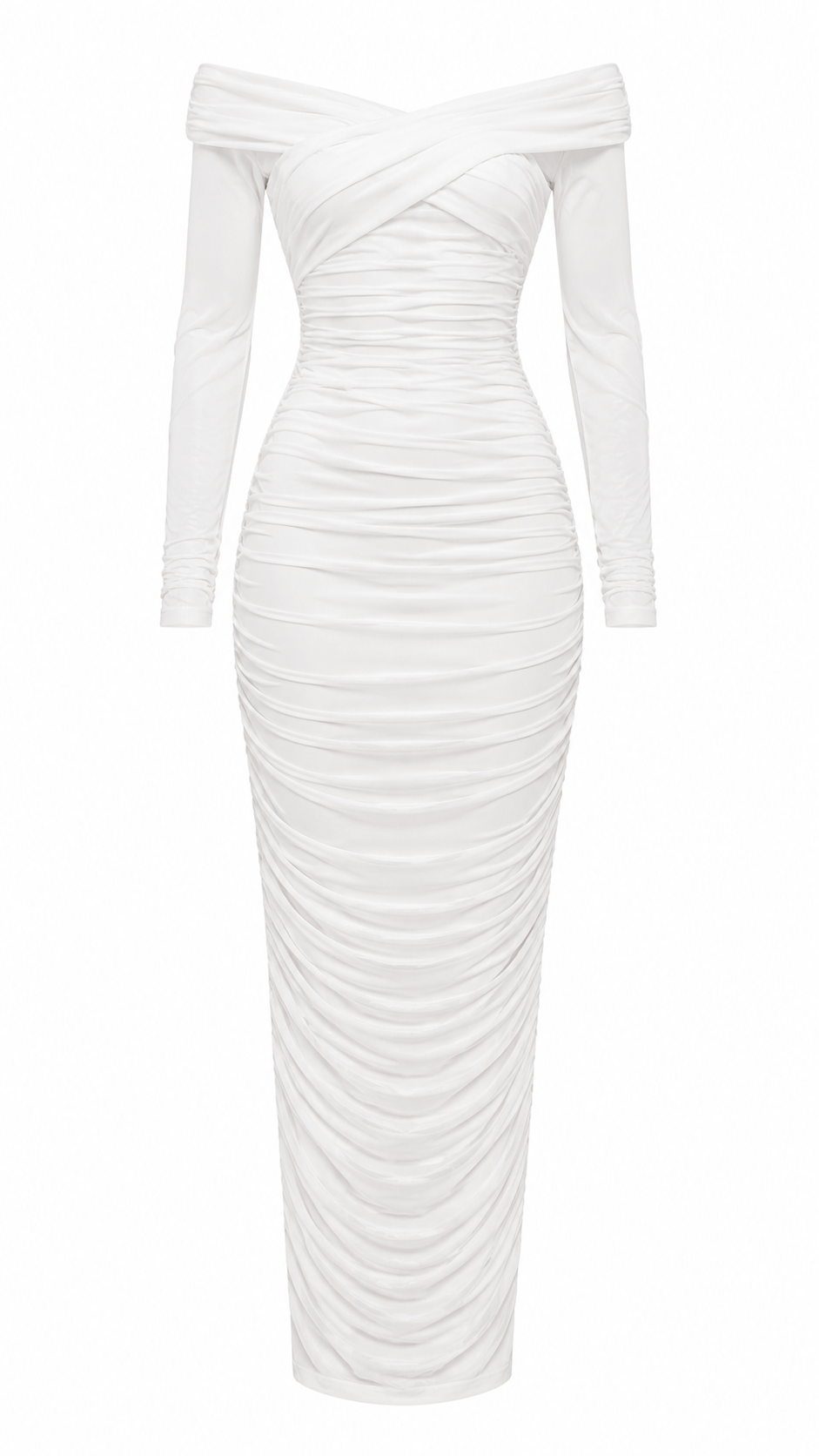 WHITE MESH RUCHED LONG SLEEVED OFF SHOULDER DRESS