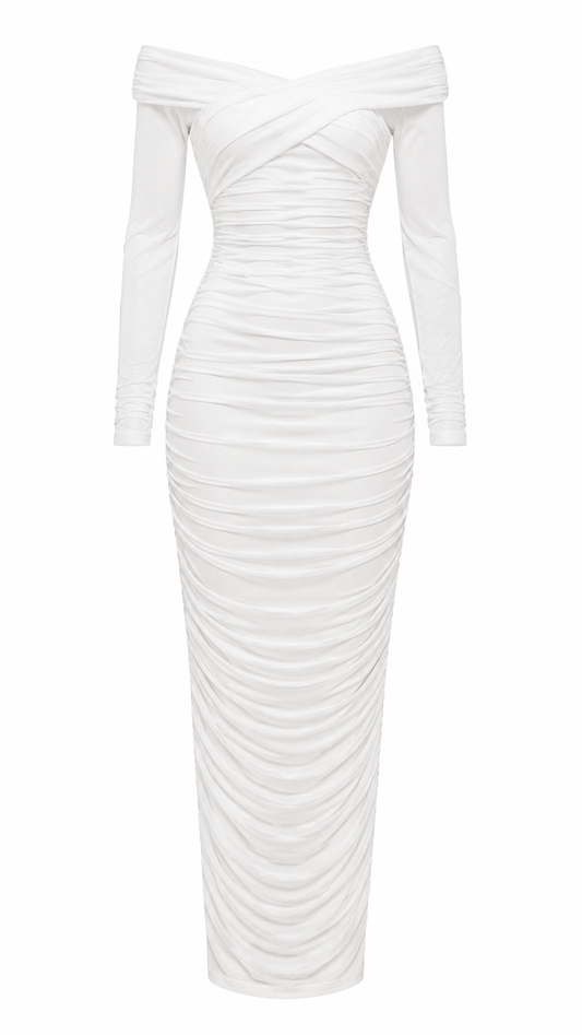 WHITE MESH RUCHED LONG SLEEVED OFF SHOULDER DRESS