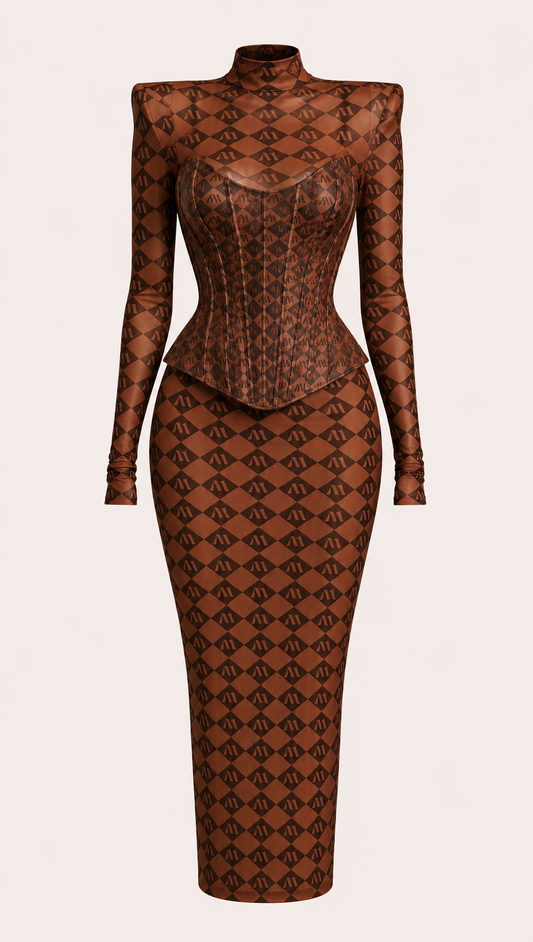 Brown Matopeda tulle sheer long sleeve midi dress with corset co-ord NBW