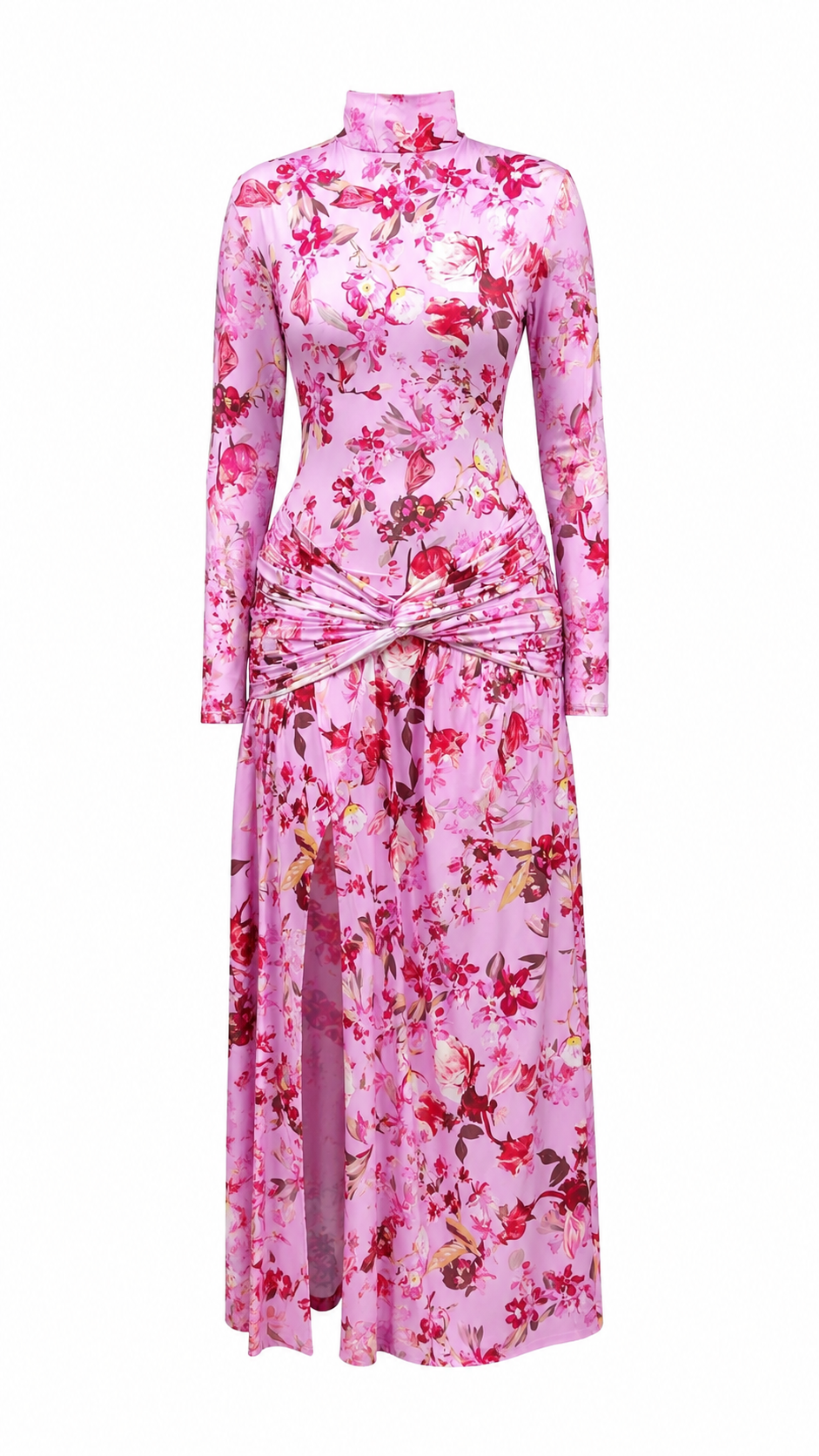 PINK FLORAL FLORAL PRINT LONG SLEEVE MAXI DRESS