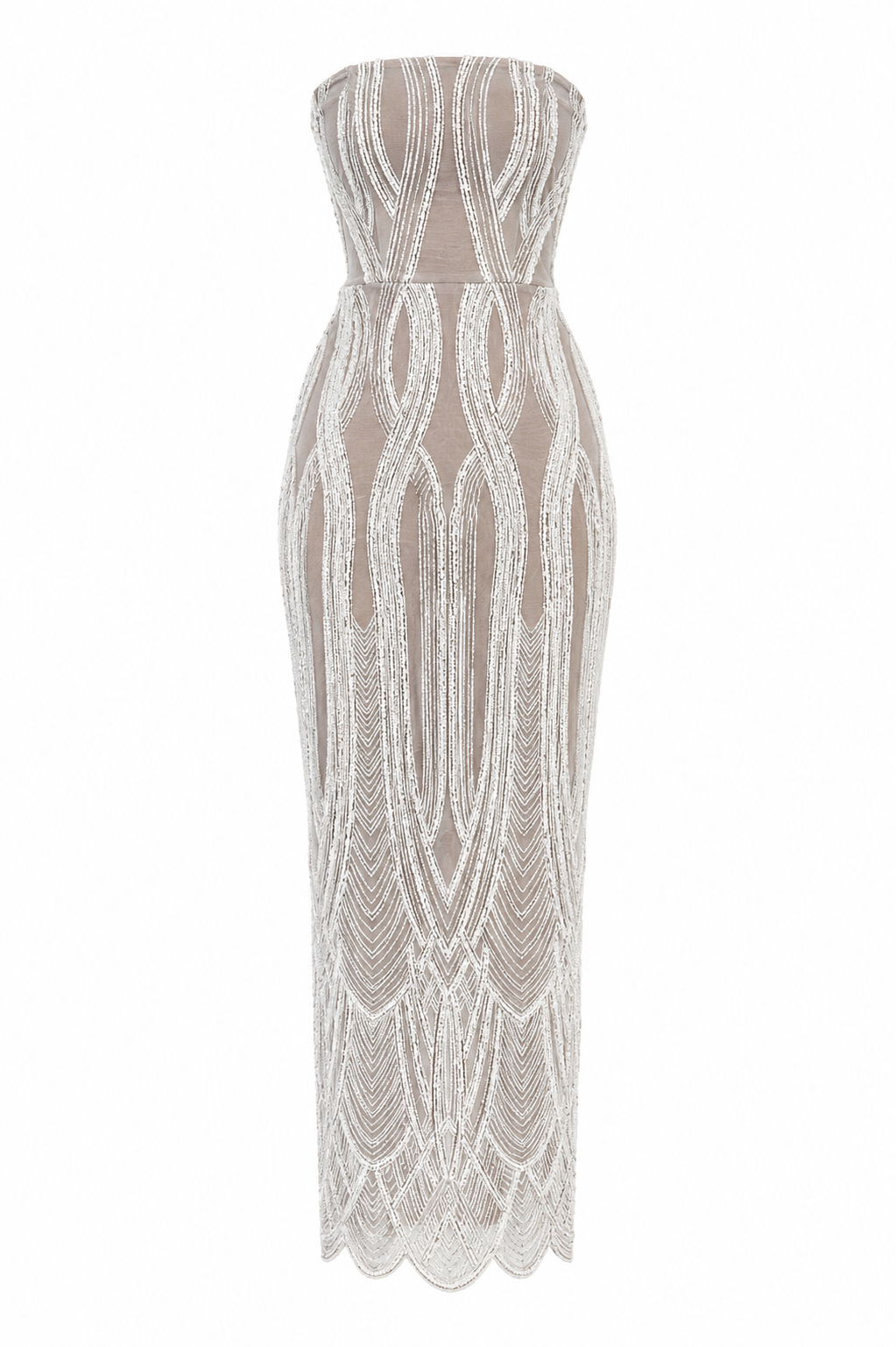 WHITE BEADED STRAPLESS OMETSEY MIDI DRESS