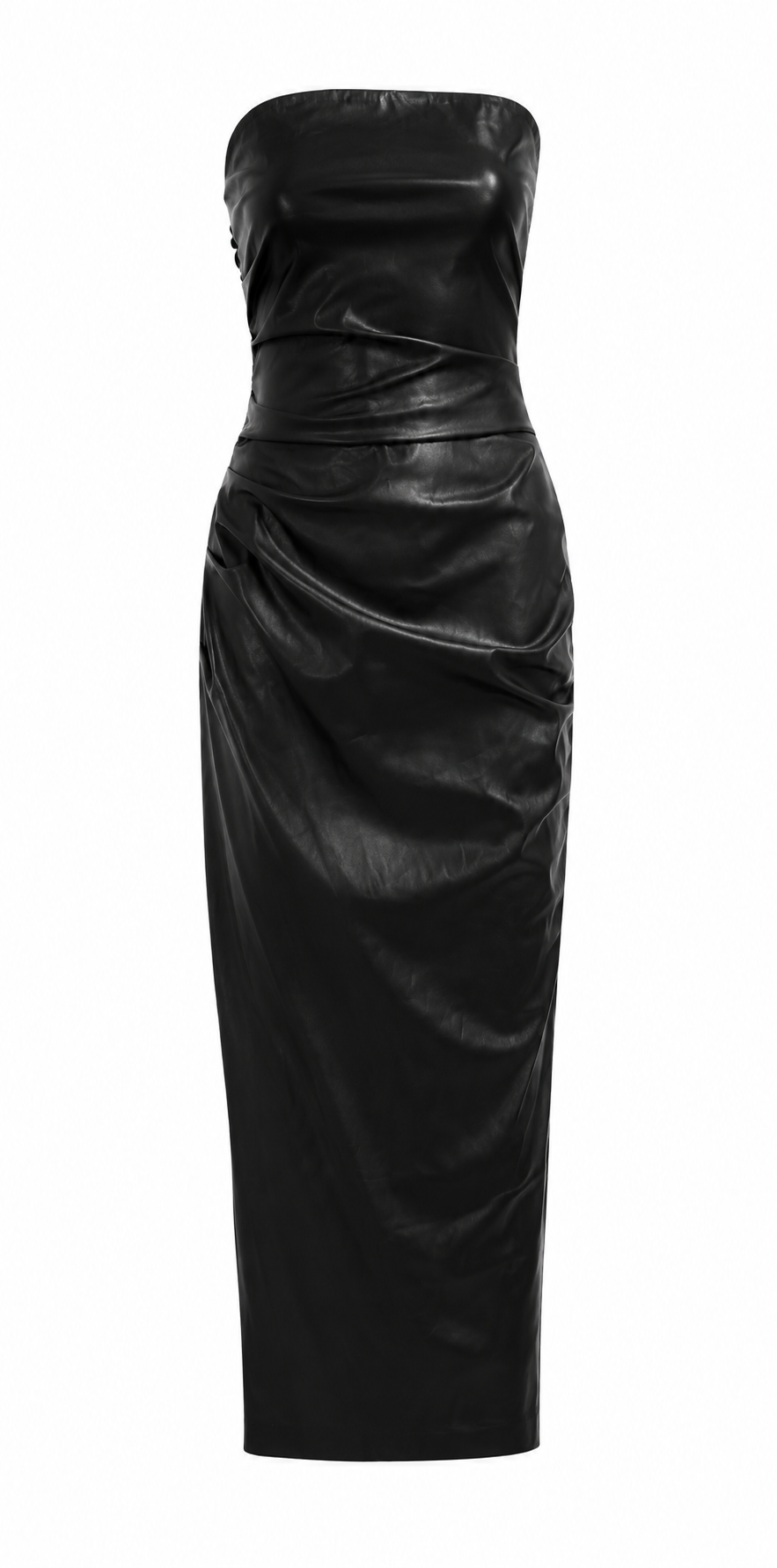 BLACK ZARA FAUX LEATHER STRAPLESS MIDI DRESS WITH RUCHED DETAIL