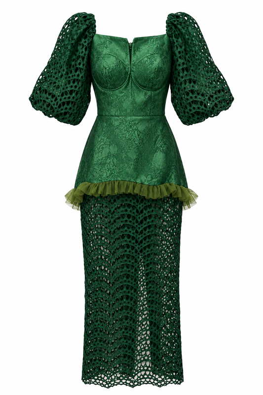 Green brocade maxi dress with puff sleeves